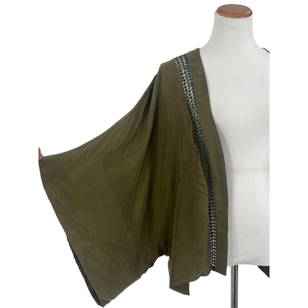 Free People Boho Kimono Jacket | Olive Green Flowy Duster Open Front Cottagecore - Picture 4 of 15